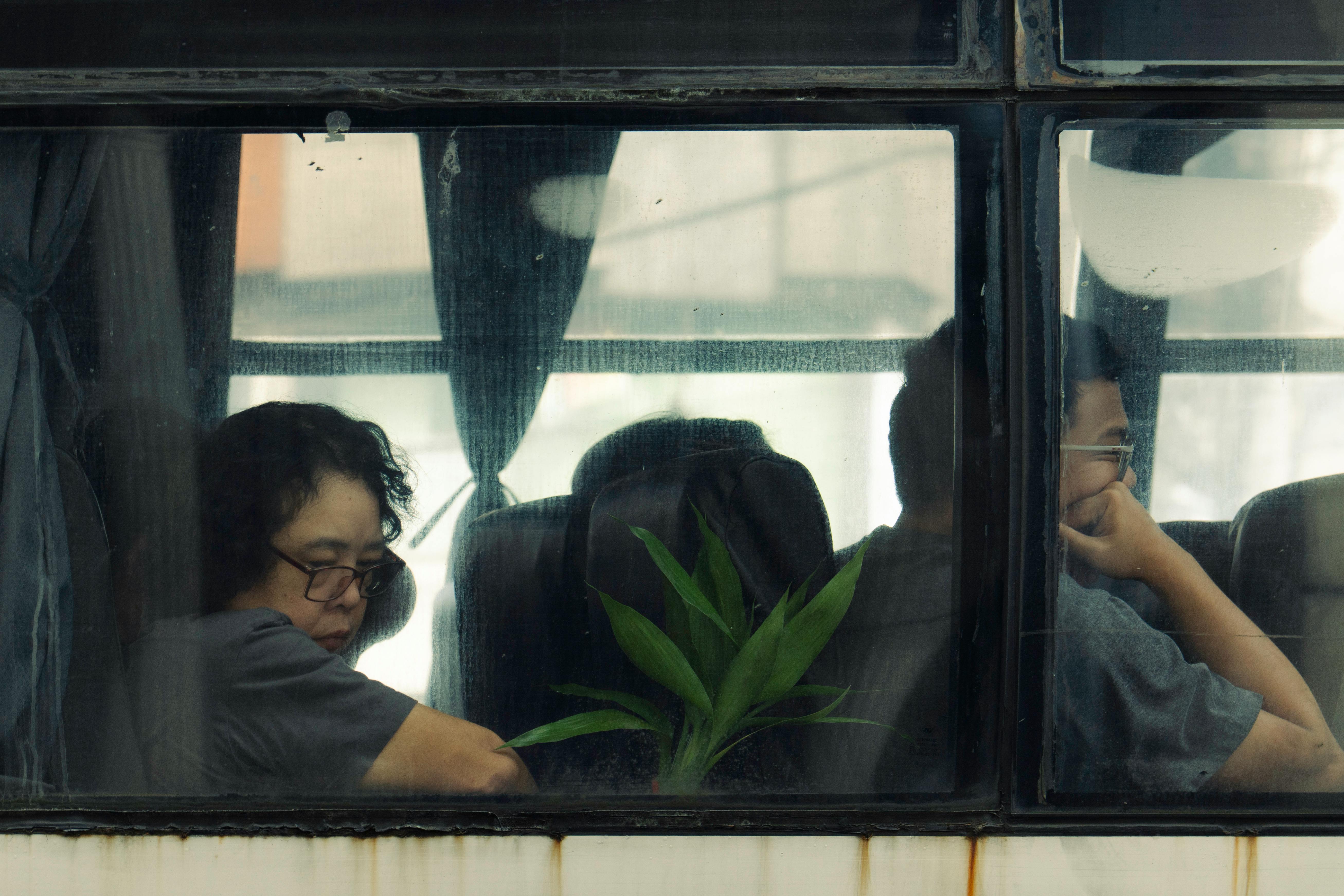 Free Two people sit inside a bus, viewed through a window, exuding a contemplative mood. Stock Photo