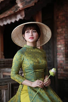 一位戴着草帽、穿着传统服装的女人，手拿一朵花，神情泰然