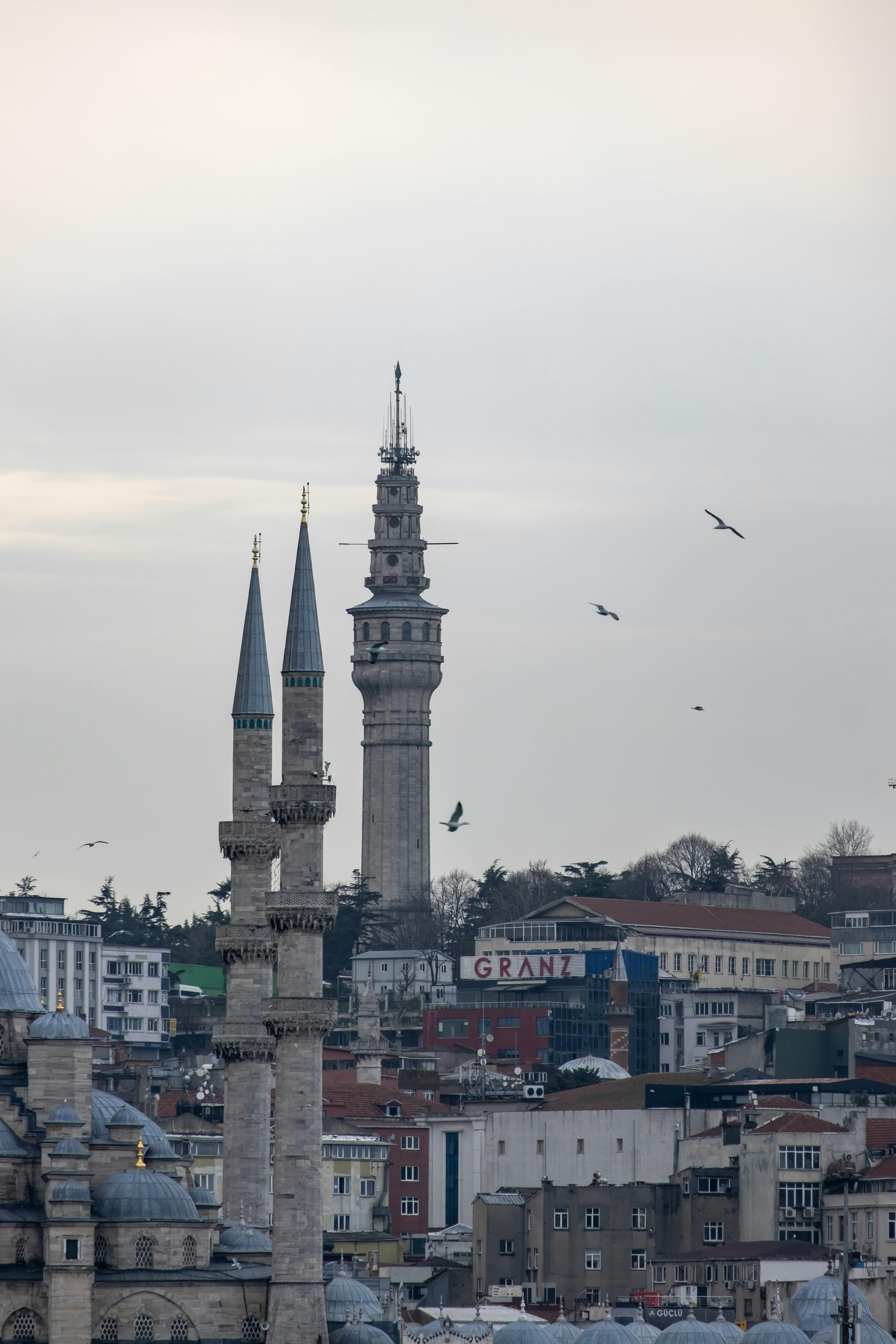 Kostenlos Blick auf die Skyline von Istanbul mit historischen Moscheen und Minaretten unter bewölktem Himmel. Stock-Foto