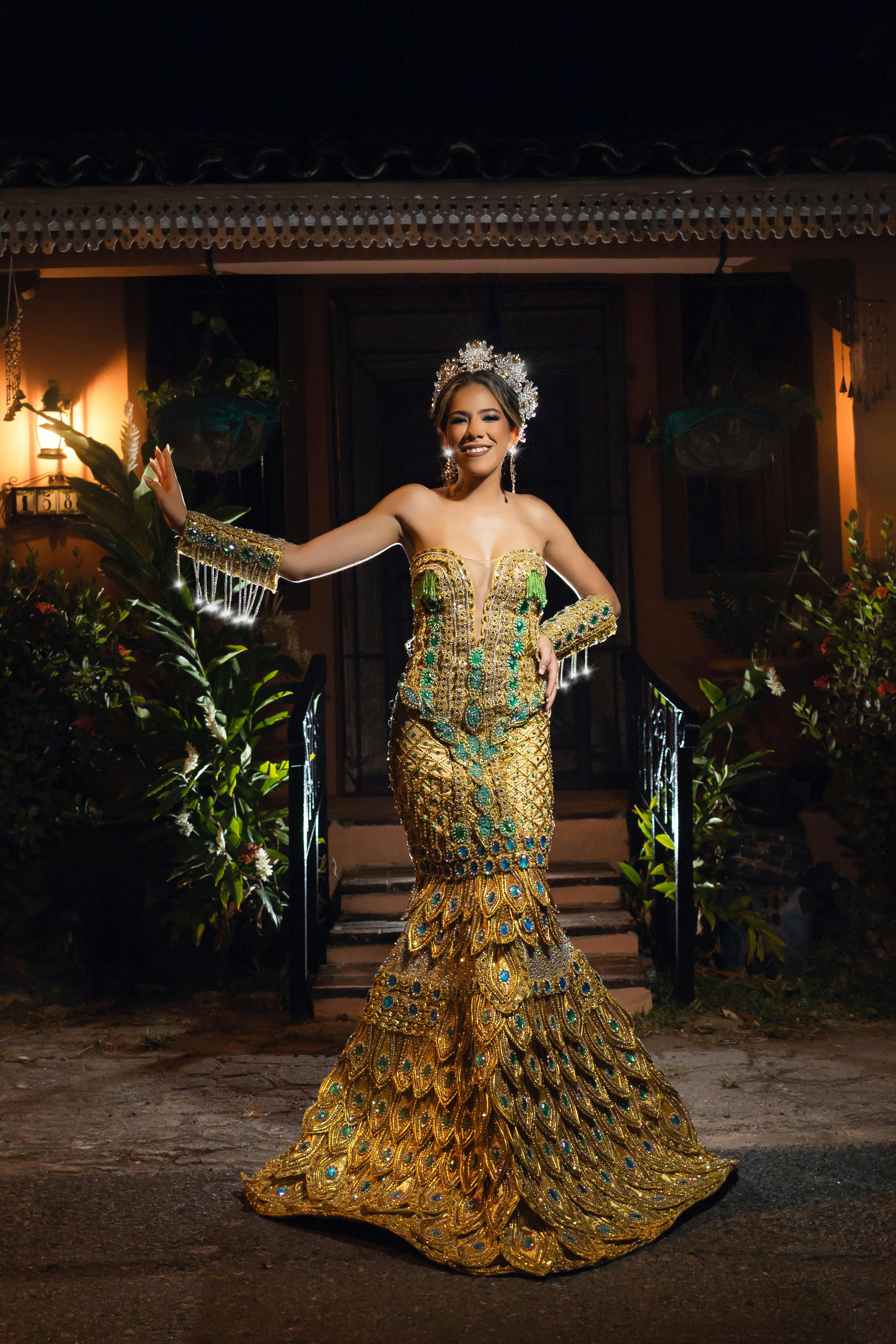 Gratis Kvinde poserer i en udsmykket kjole med påfugletema udendørs om natten. Lagerfoto