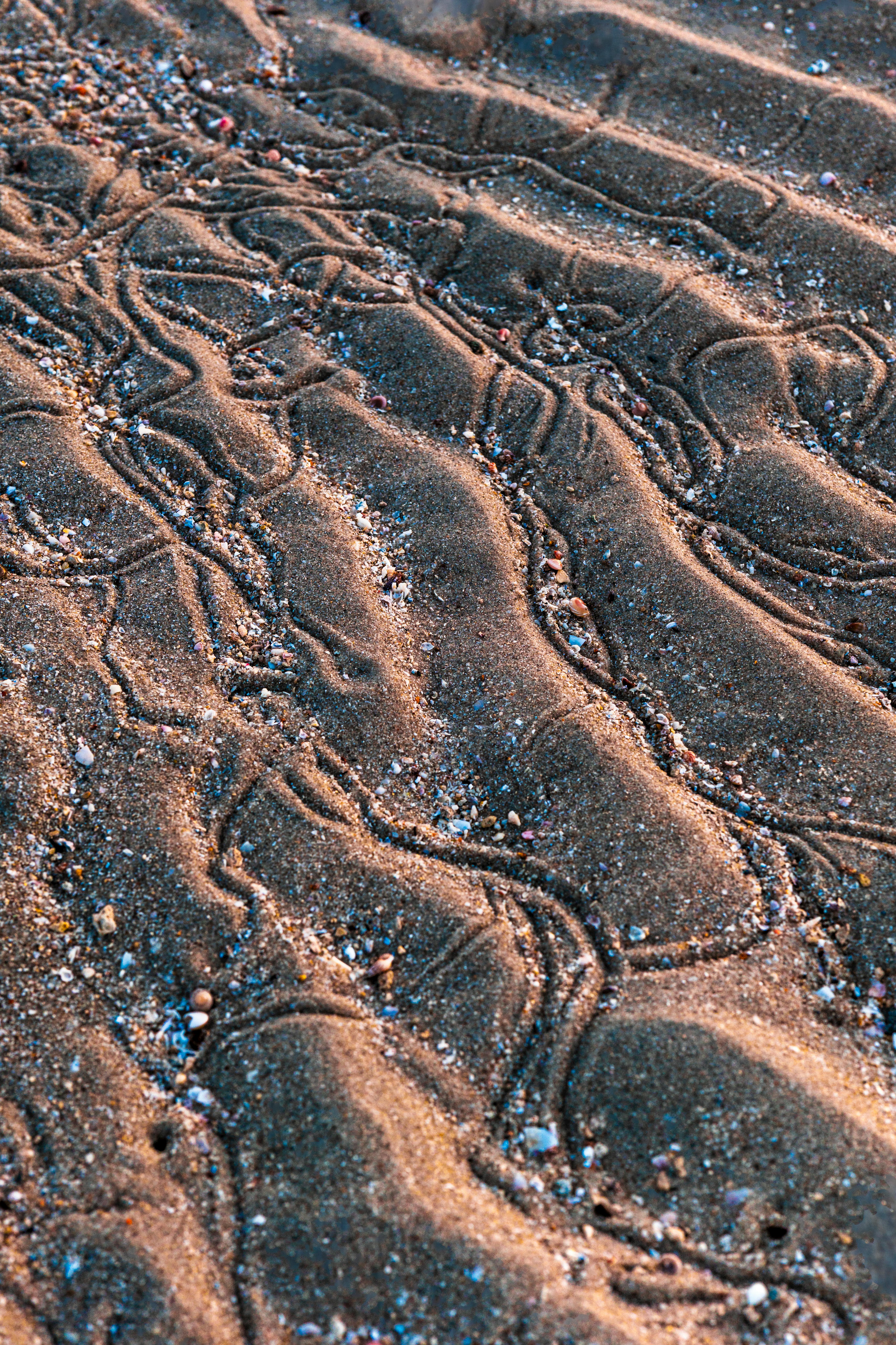 Bezpłatne Intrygujące wzory piasku na plaży w Kuwejcie uchwycone o zachodzie słońca, ukazujące naturalne faktury i kolory. Zdjęcie z galerii