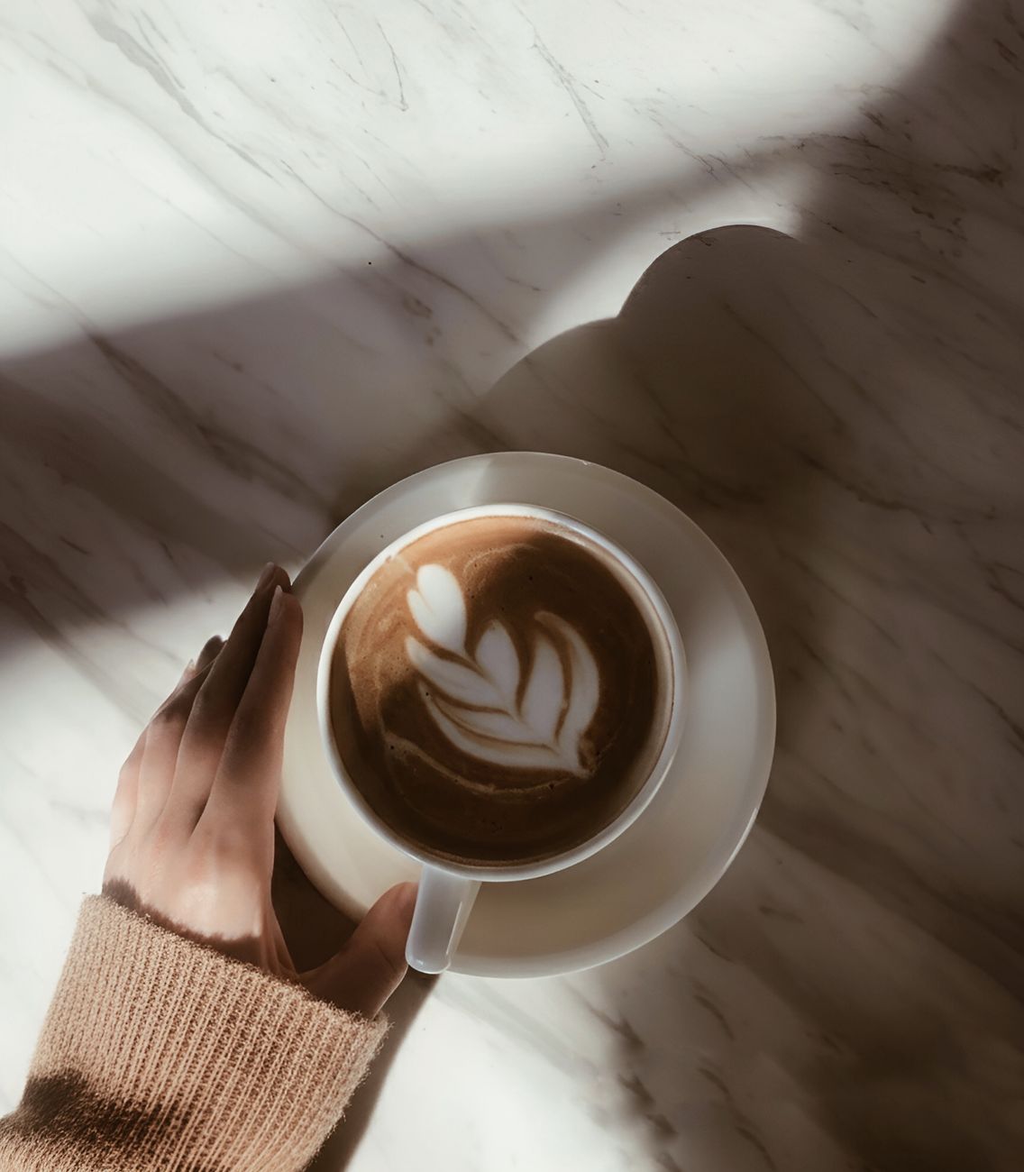 Hand holding cup of coffee with beautiful latte art on sunlit marble surface.