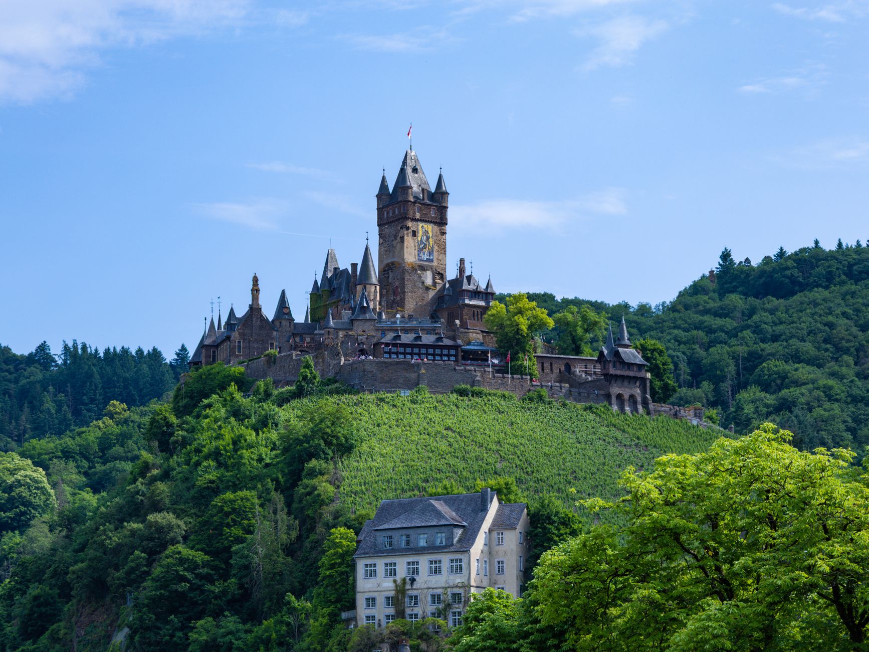 Scenic view of Cochem Castle perched on a lush hill under a clear sky.