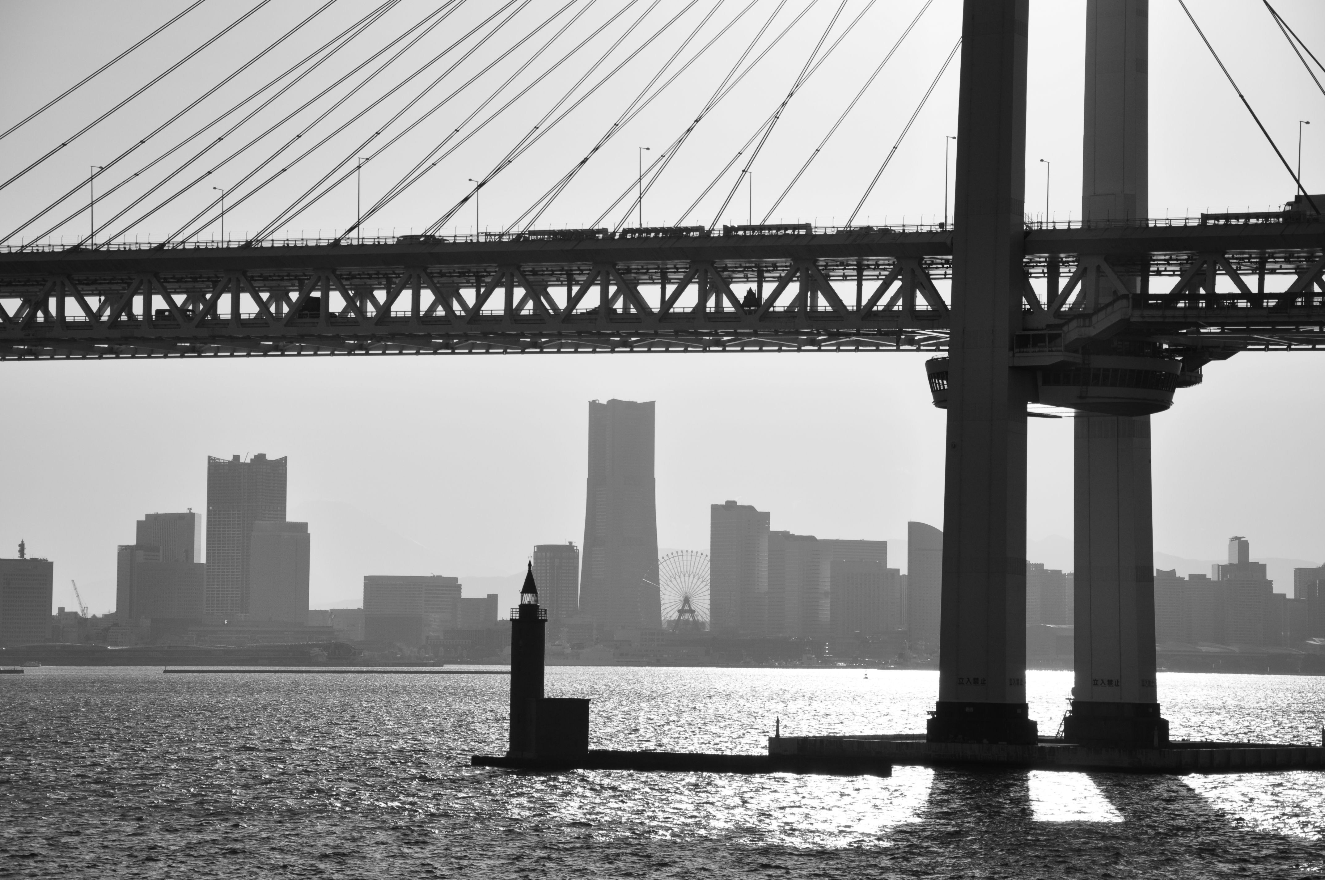 Dramatic black and white cityscape featuring a large bridge silhouette over a bustling urban skyline.
