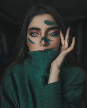 Close-up portrait of a woman with green and black makeup, creating a mysterious, artistic look.