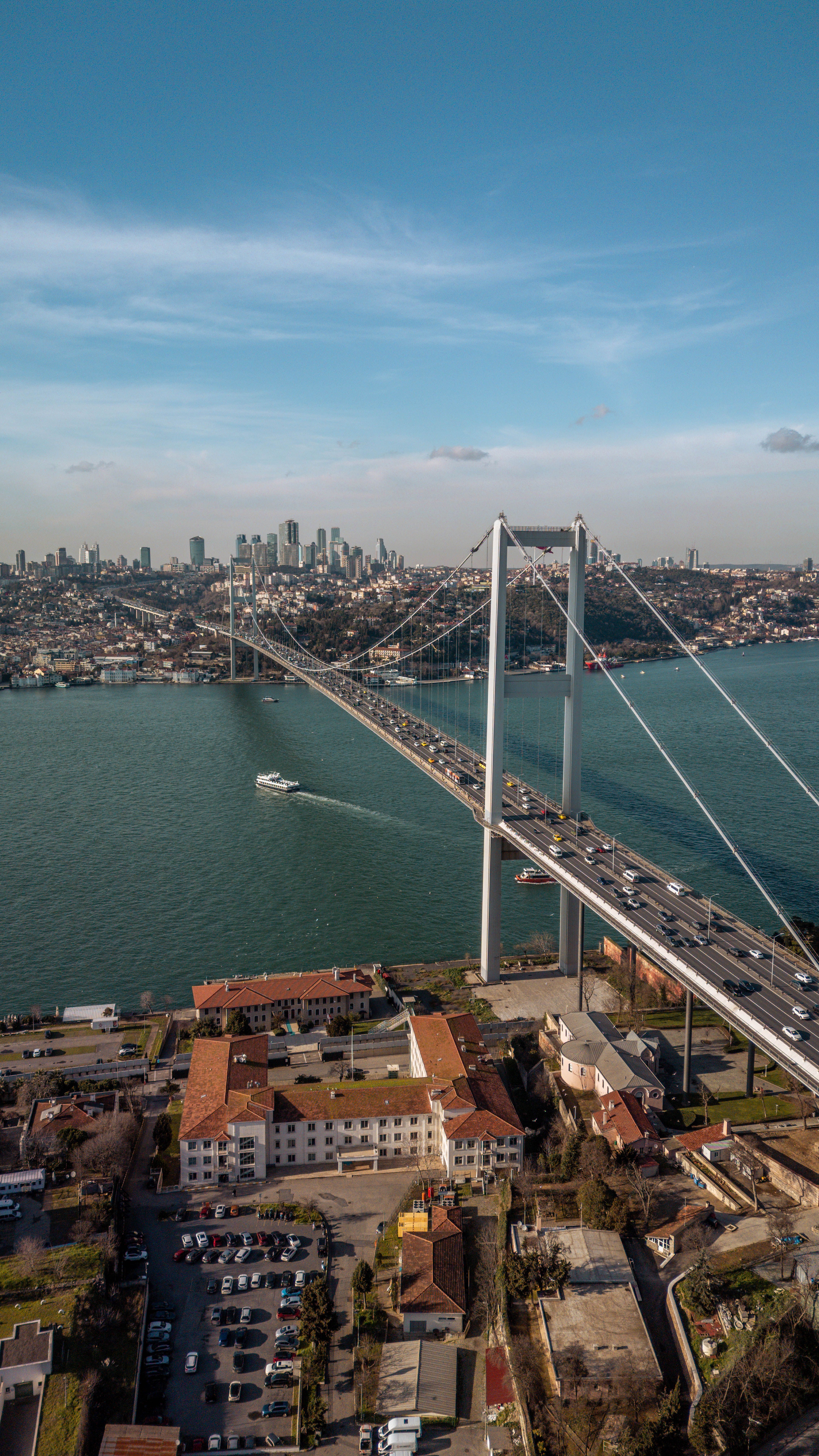 Aerial view of the Bosphorus Bridge connecting Europe and Asia with Istanbul skyline.