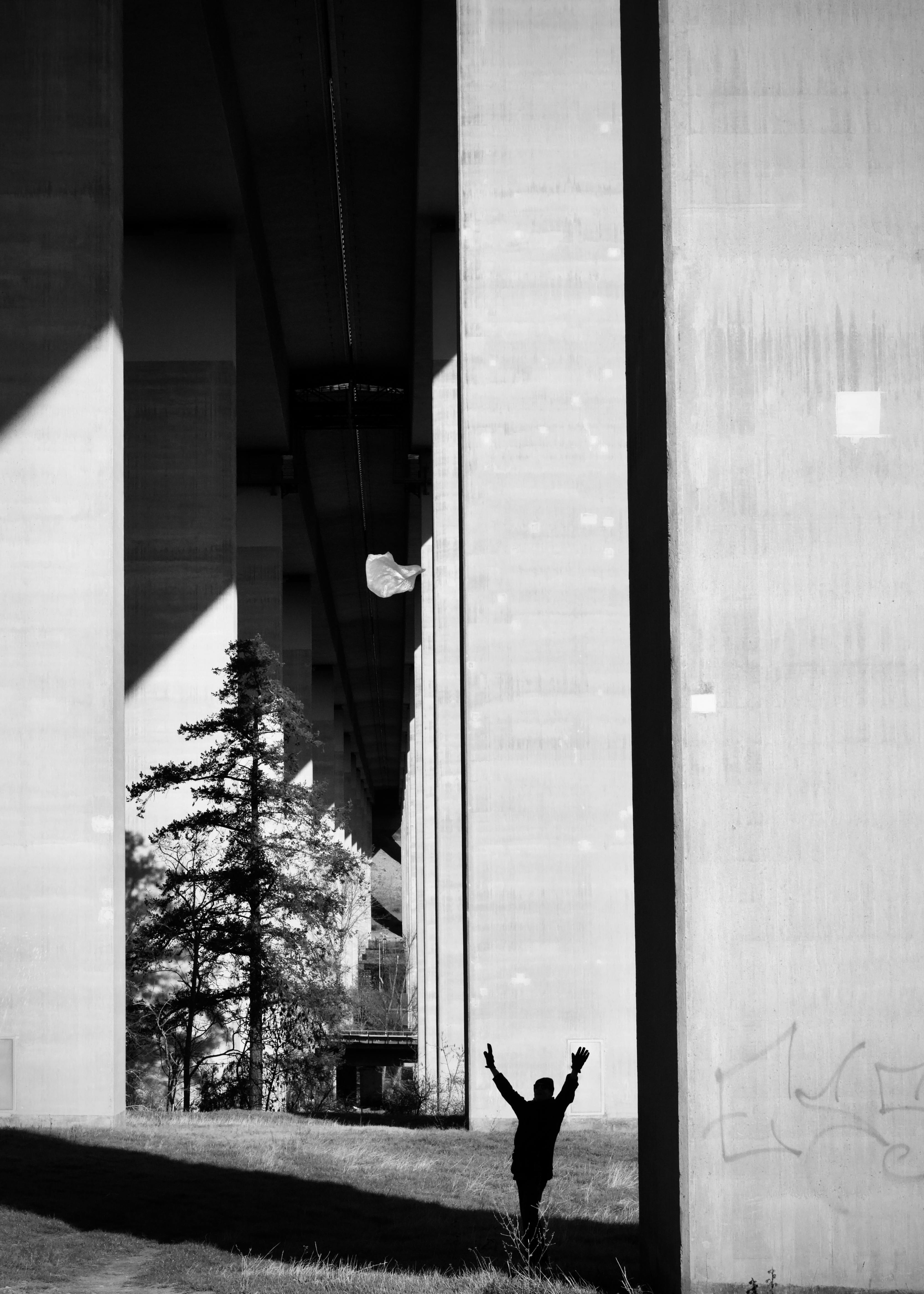 Δωρεάν Μια εντυπωσιακή ασπρόμαυρη εικόνα μιας σιλουέτας κάτω από μια μεγάλη αστική γέφυρα, που παρουσιάζει εντυπωσιακό φωτισμό και σκιές. Φωτογραφία από στοκ φωτογραφιών