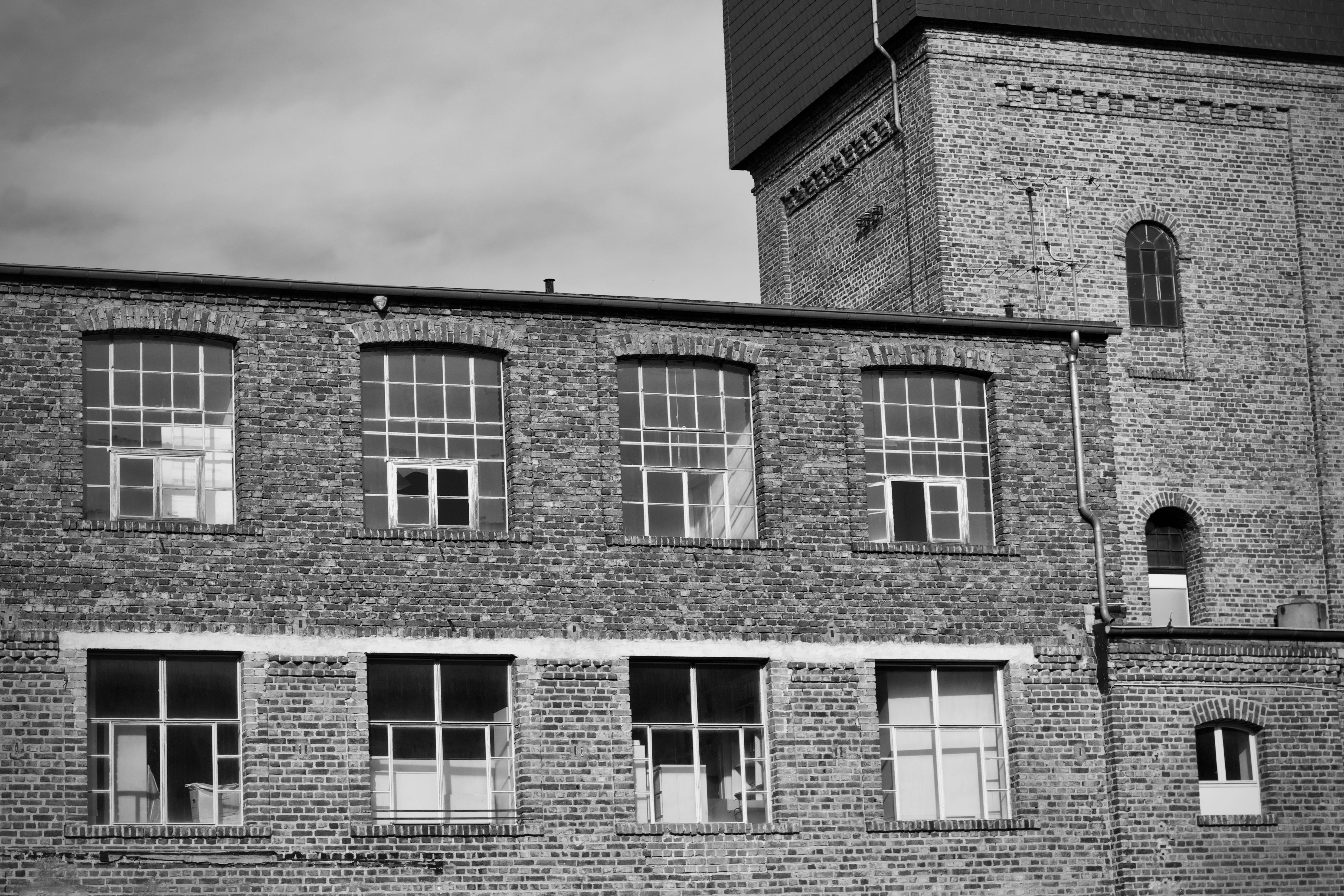 Gratis Svart-hvitt-bilde av en historisk industribygning i rød murstein med store vinduer. Arkivbilde