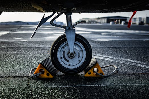 Detailed shot of an airplane wheel secured with chocks on a wet runway, Sylt, Germany.