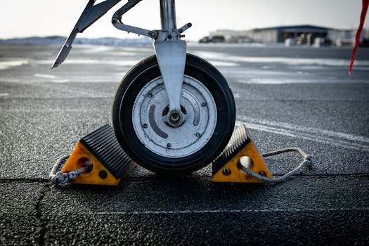 Detailed close-up of an aircraft wheel secured with chocks on an airport tarmac in Sylt, Germany.