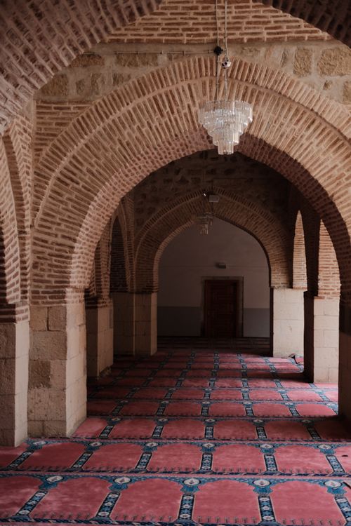 Free A beautifully patterned carpet lines a historic arched hallway with intricate brick architecture. Stock Photo