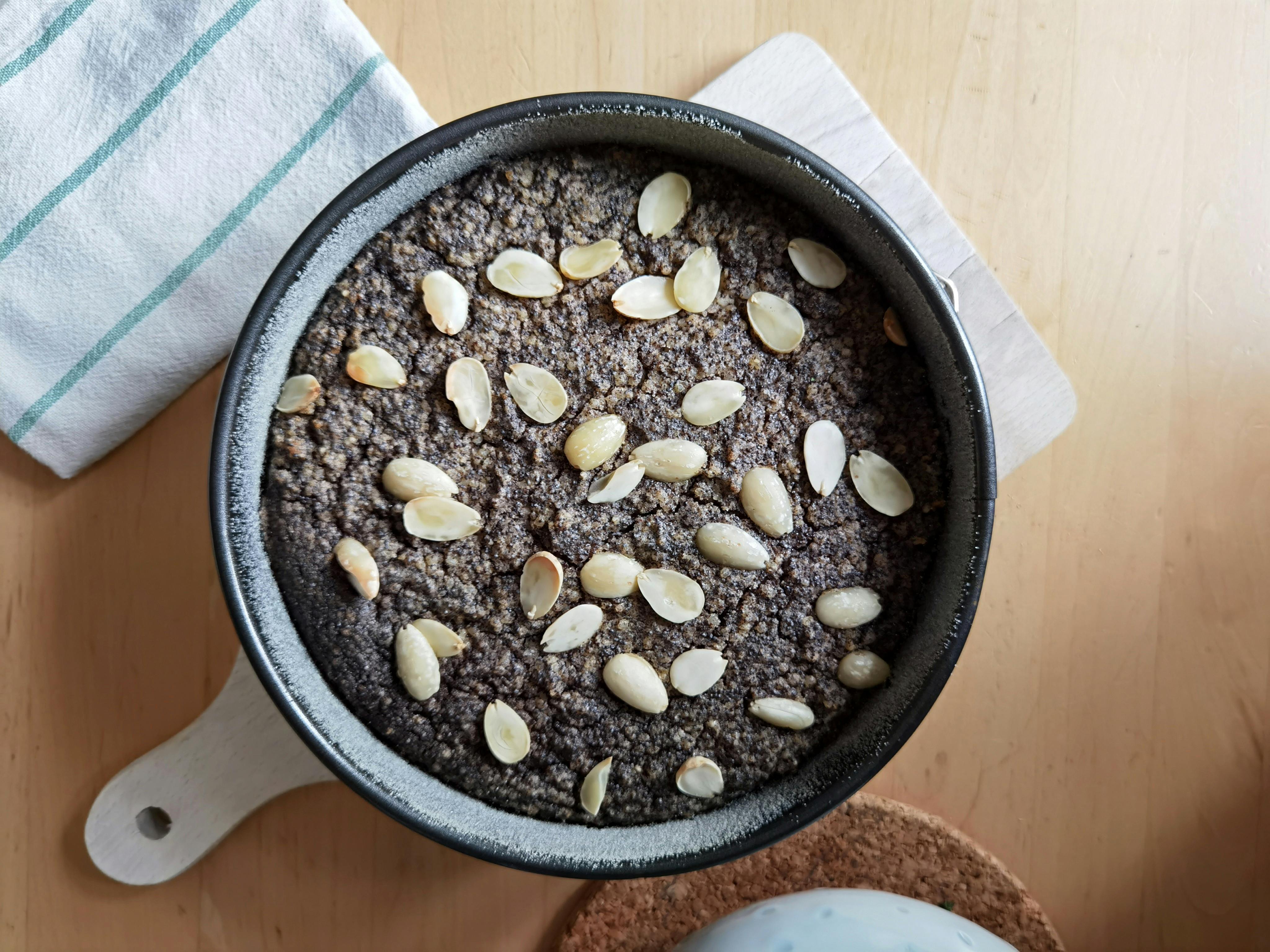 Traditional almond and poppy seed cake baked in a loaf pan