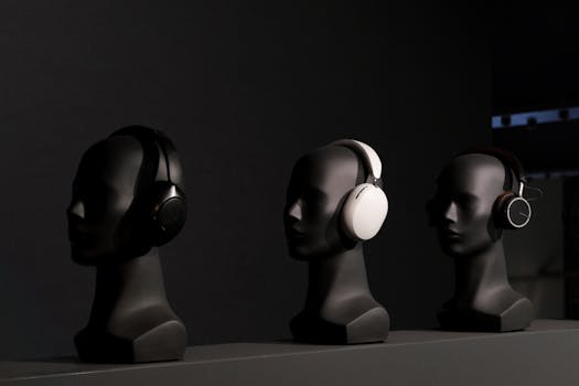 Three mannequins showcasing modern black and white headphones in a sleek, artistic arrangement.