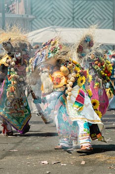 Vivid traditional costumes at the Huejotzingo Carnival in Puebla, Mexico.