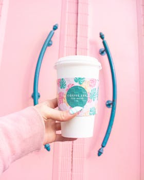 一个充满活力、带有花卉设计的咖啡杯，被放在粉红色的门前，增添了亮丽的色彩