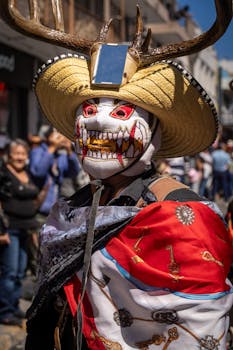 Colorful traditional costume and mask at a vibrant carnival in Hidalgo, Mexico.