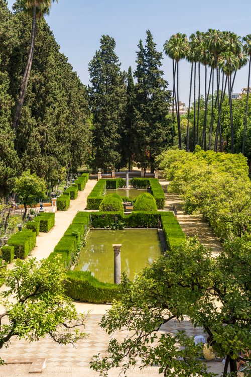 Free A vibrant, well-manicured garden in Seville, showcasing architectural columns and lush greenery. Stock Photo