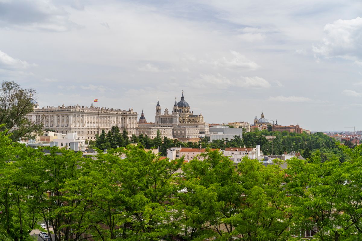 Palatul Regal si catedrala Almudena impreuna, peste coroanele copacilor