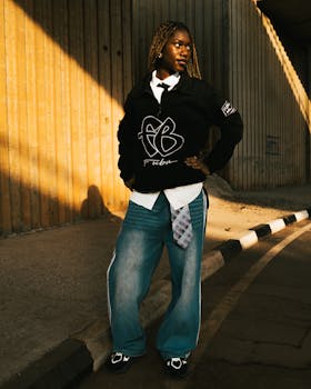 Portrait of a stylish young adult posing under an overpass with urban fashion.