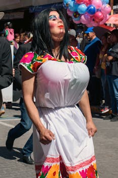 Traditional Mexican parade with vibrant costumes and masked performers in Pachuca de Soto.