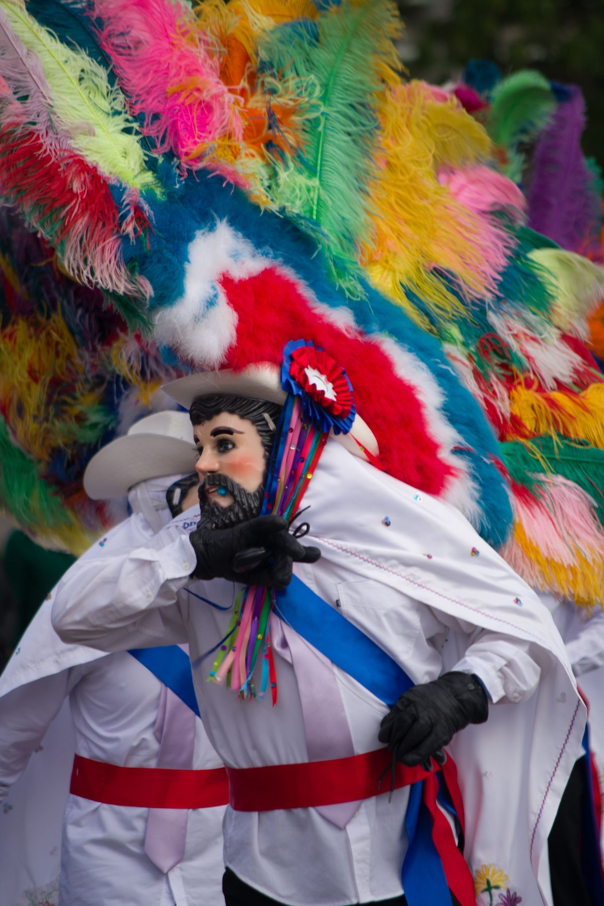Colorful Huehues costumes at Tlaxcala Carnaval parade, showcasing Mexican tradition.