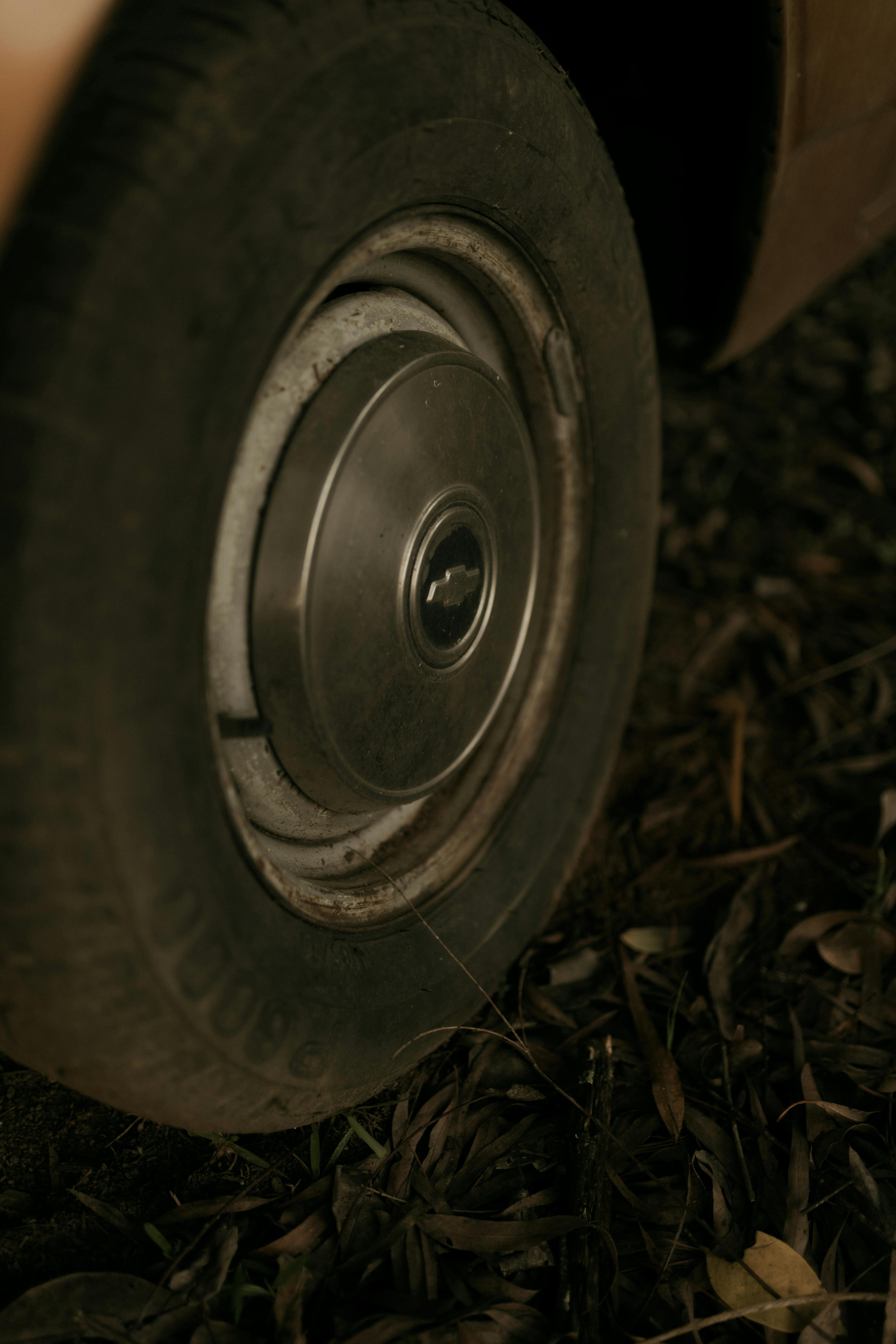 gratis Gedetailleerd beeld van een oldtimerwiel, omringd door gevallen bladeren op de grond. Een stemmige en nostalgische sfeer. Stockfoto