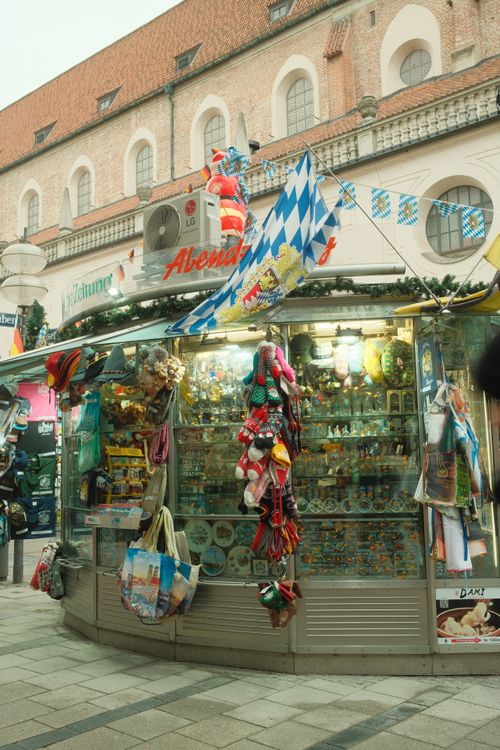 Free Festive outdoor market stall in Munich, Germany, decorated for Christmas. Stock Photo
