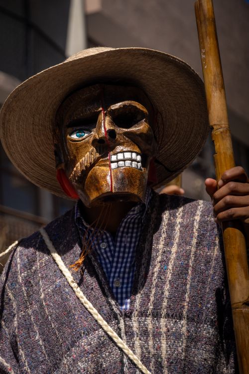 Free A close-up of a person in traditional Mexican carnival attire with a distinctive skull mask. Stock Photo