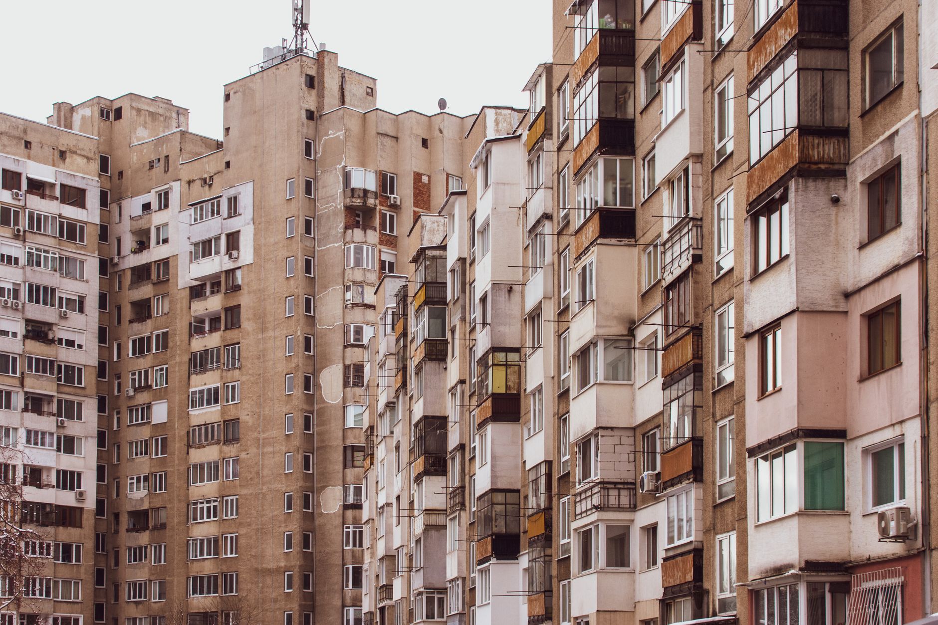 High-rise residential buildings with a vintage touch, capturing urban density and design.
