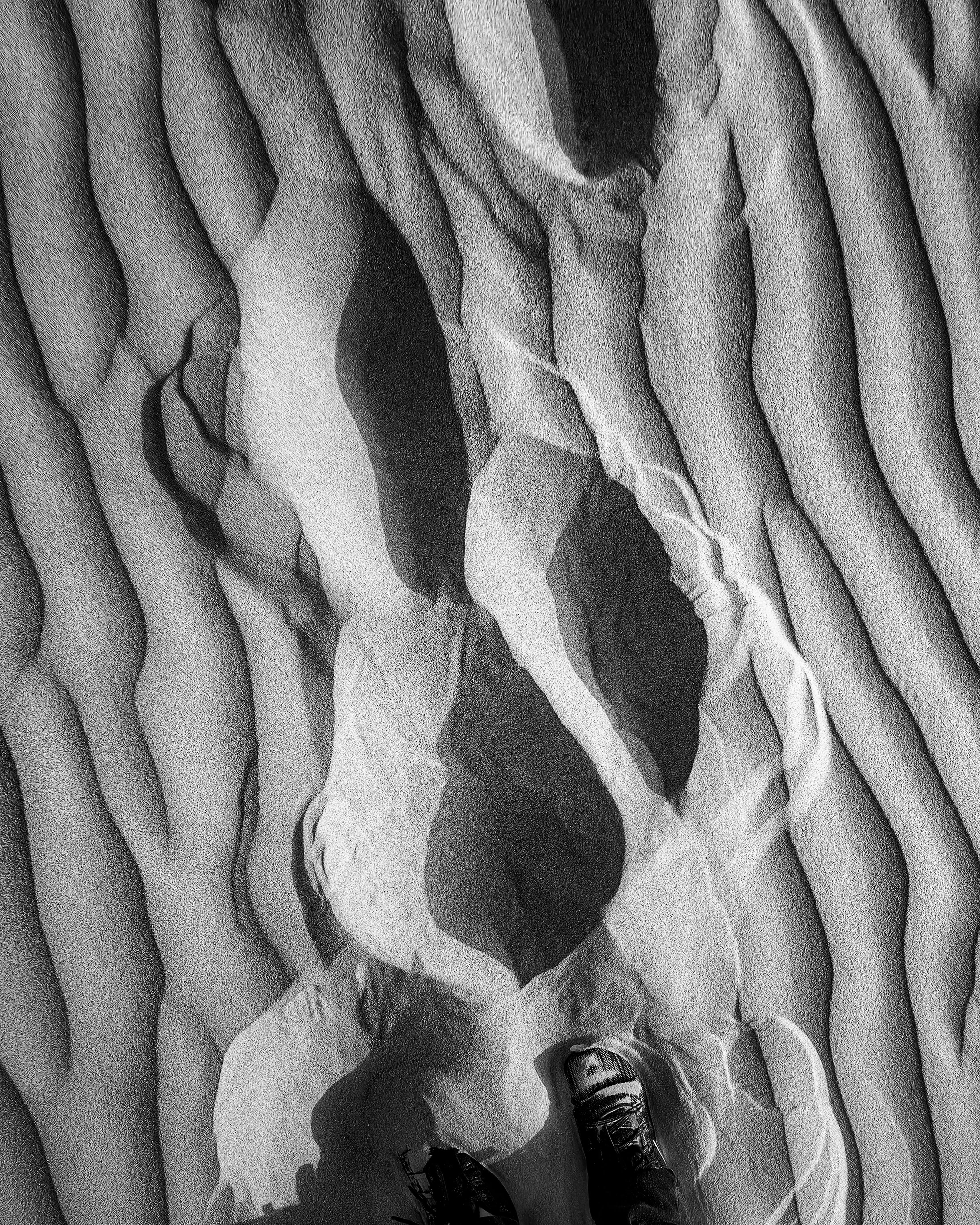 Gratis Kunstnerisk sort-hvidt foto af fodspor i det bølgede sand i Dubais ørken. Lagerfoto