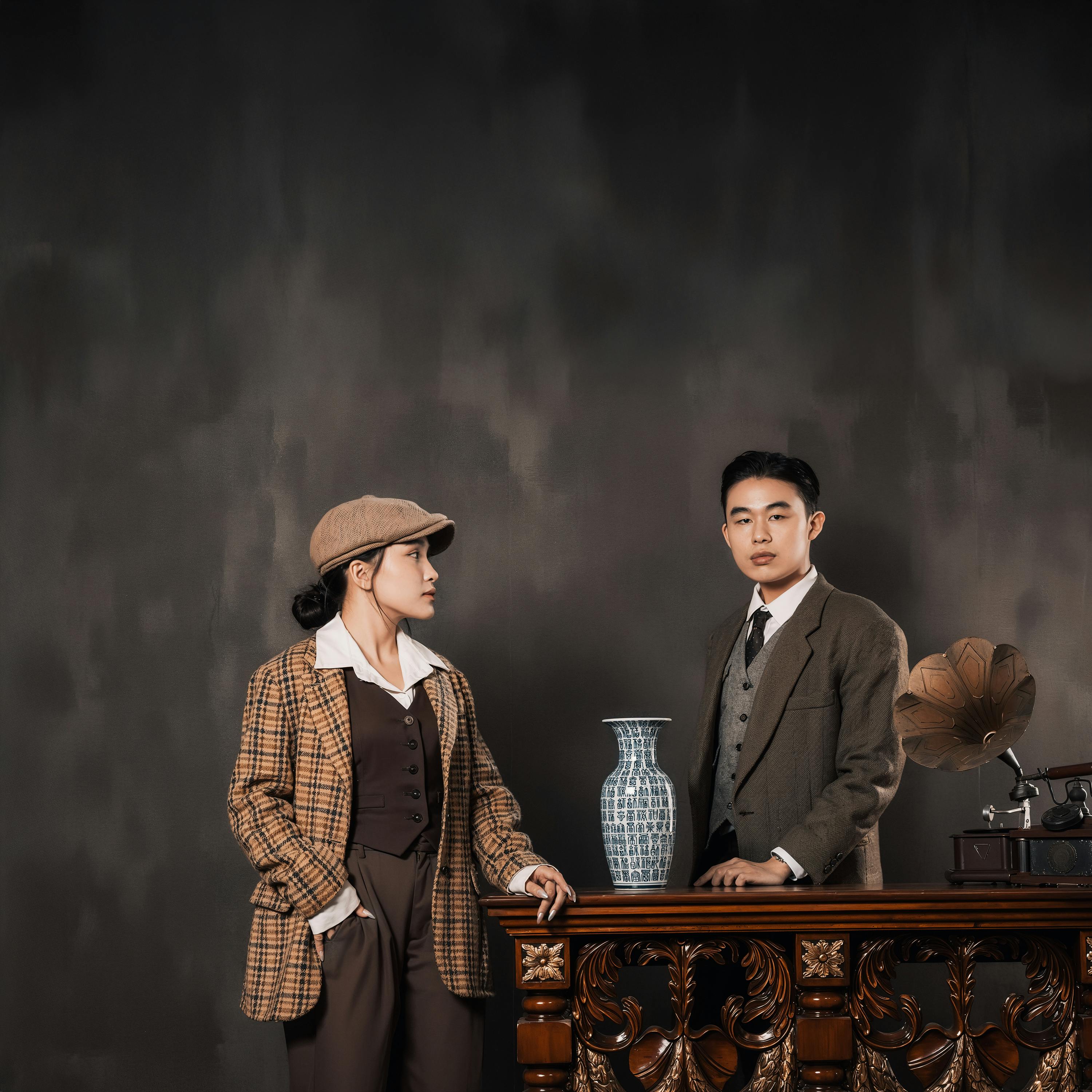 Gratis En stilfuld duo i vintage-tøj poserer med en keramisk vase og grammofon i en neoklassisk setting. Lagerfoto