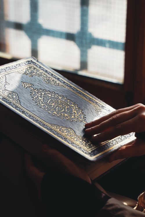 Free An adult hand gently holds a Quran by a sunlit window, creating a serene spiritual scene. Stock Photo