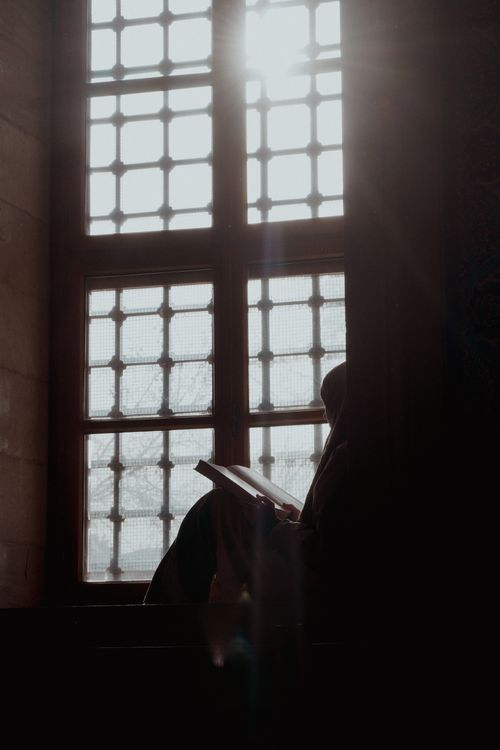 Free Silhouette reading by a lattice window with sunlight streaming in, Adana, Türkiye. Stock Photo