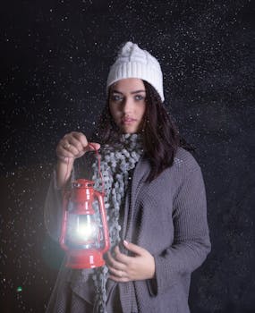 A woman in winter attire holding a red lantern amidst falling snow, creating a moody winter scene.