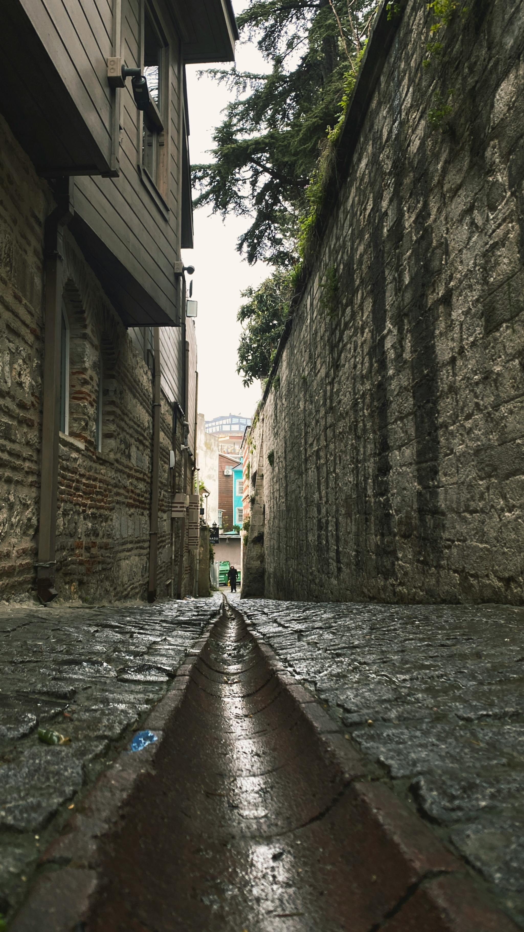 無料 狭い石畳の路地に素朴な建物が並び、古風な雰囲気を醸し出しています。 写真素材