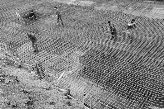 Black and white image of workers on a steel grid at a construction site.