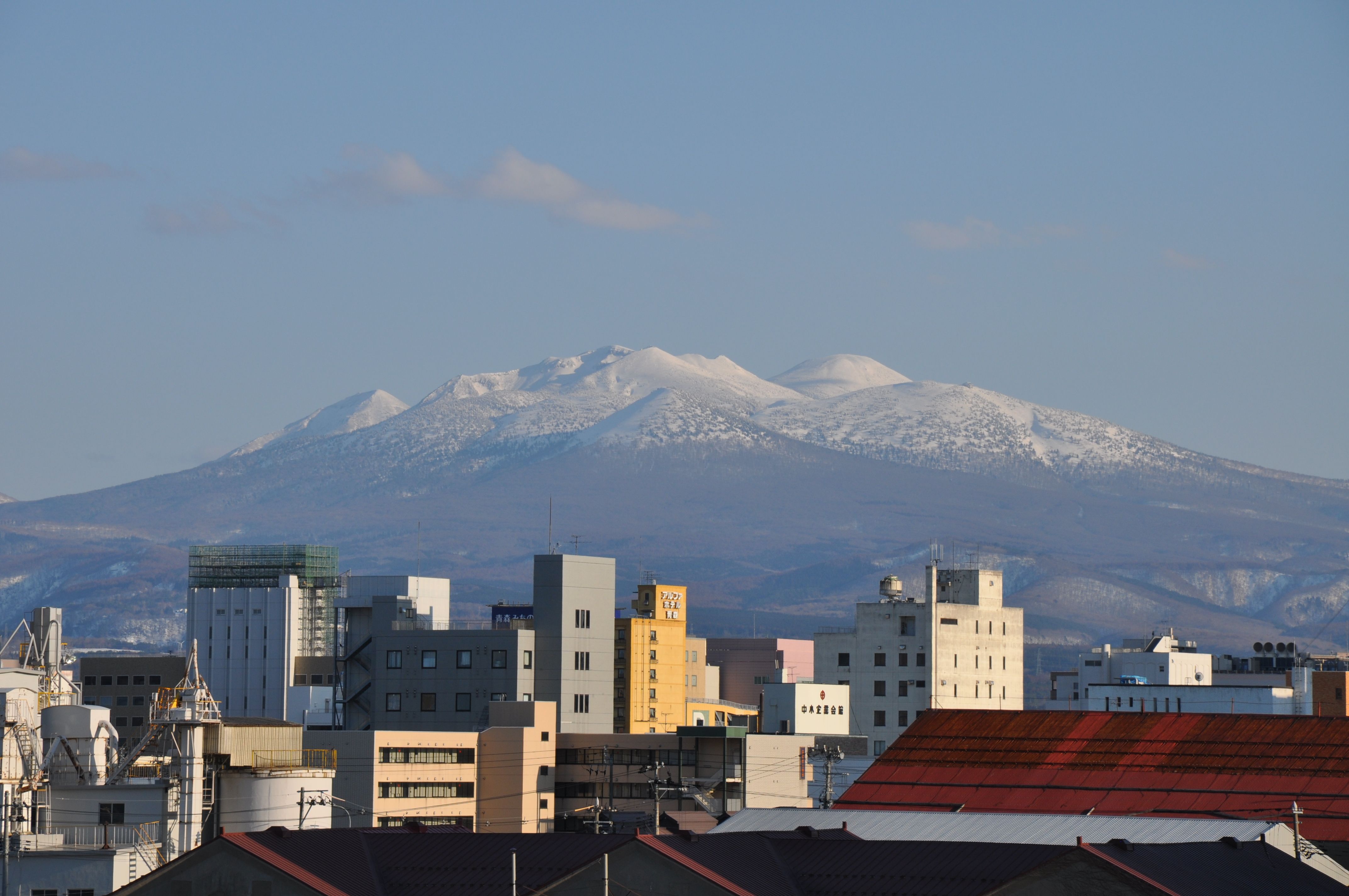 Urban skyline with snow-capped mountains in the background under a clear blue sky.