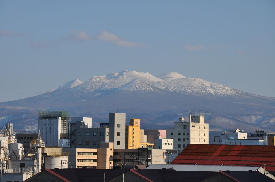 Urban skyline with snow-capped mountains in the background under a clear blue sky.