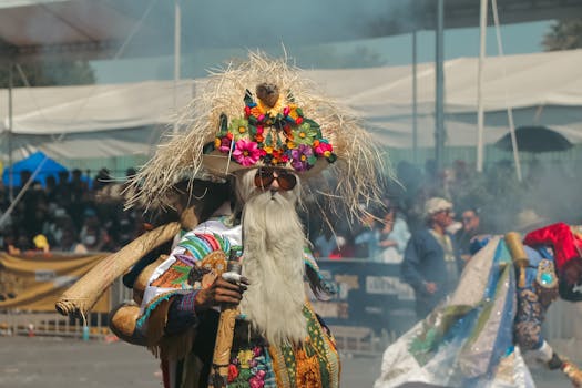 A vibrant and colorful display of traditional costumes at a cultural festival.