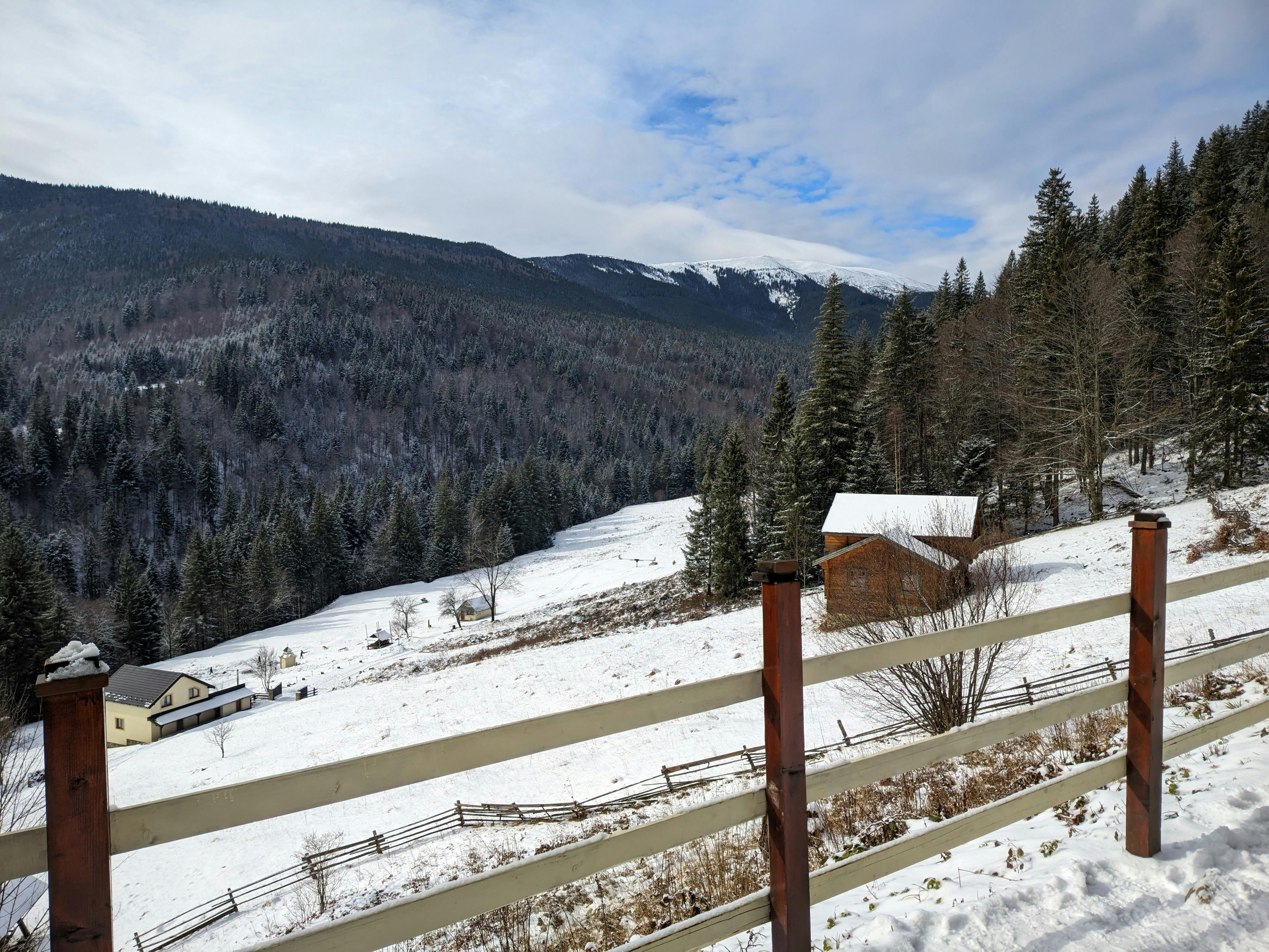 Gratis Snødekt Karpaterlandskap med trehytter og skoger. Arkivbilde