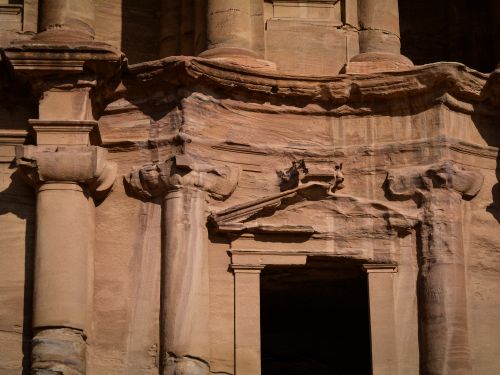 Free Detailed view of the Al-Khazneh facade in Petra, Jordan, showcasing ancient architecture. Stock Photo