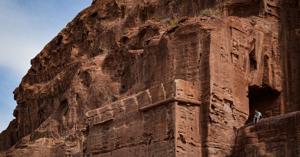 Petra Treasury Al-Khazneh carved facade in rose-red sandstone Jordan