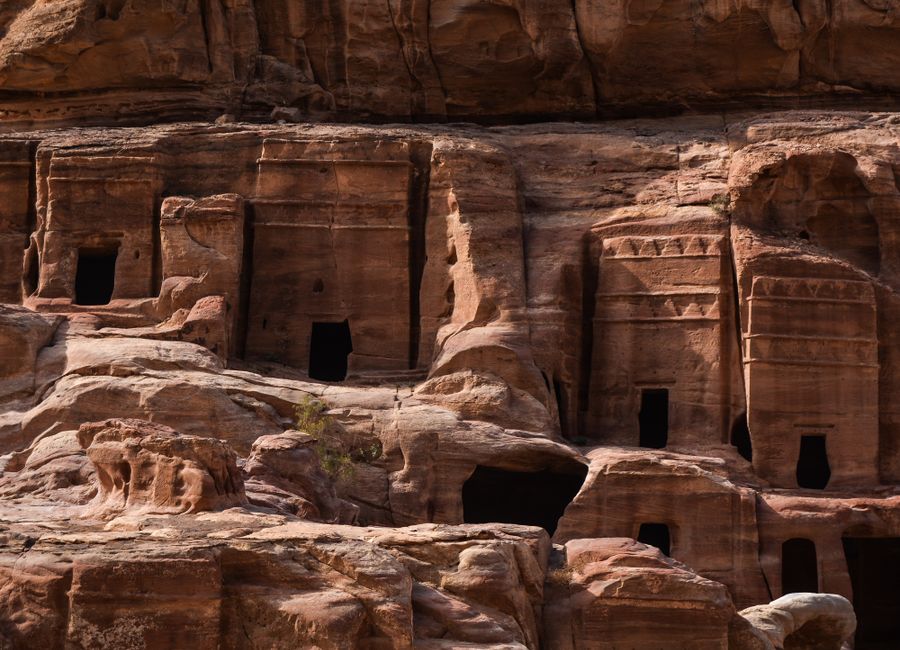 Stunning ancient rock-carved structures in Petra, Wadi Musa, Jordan.
