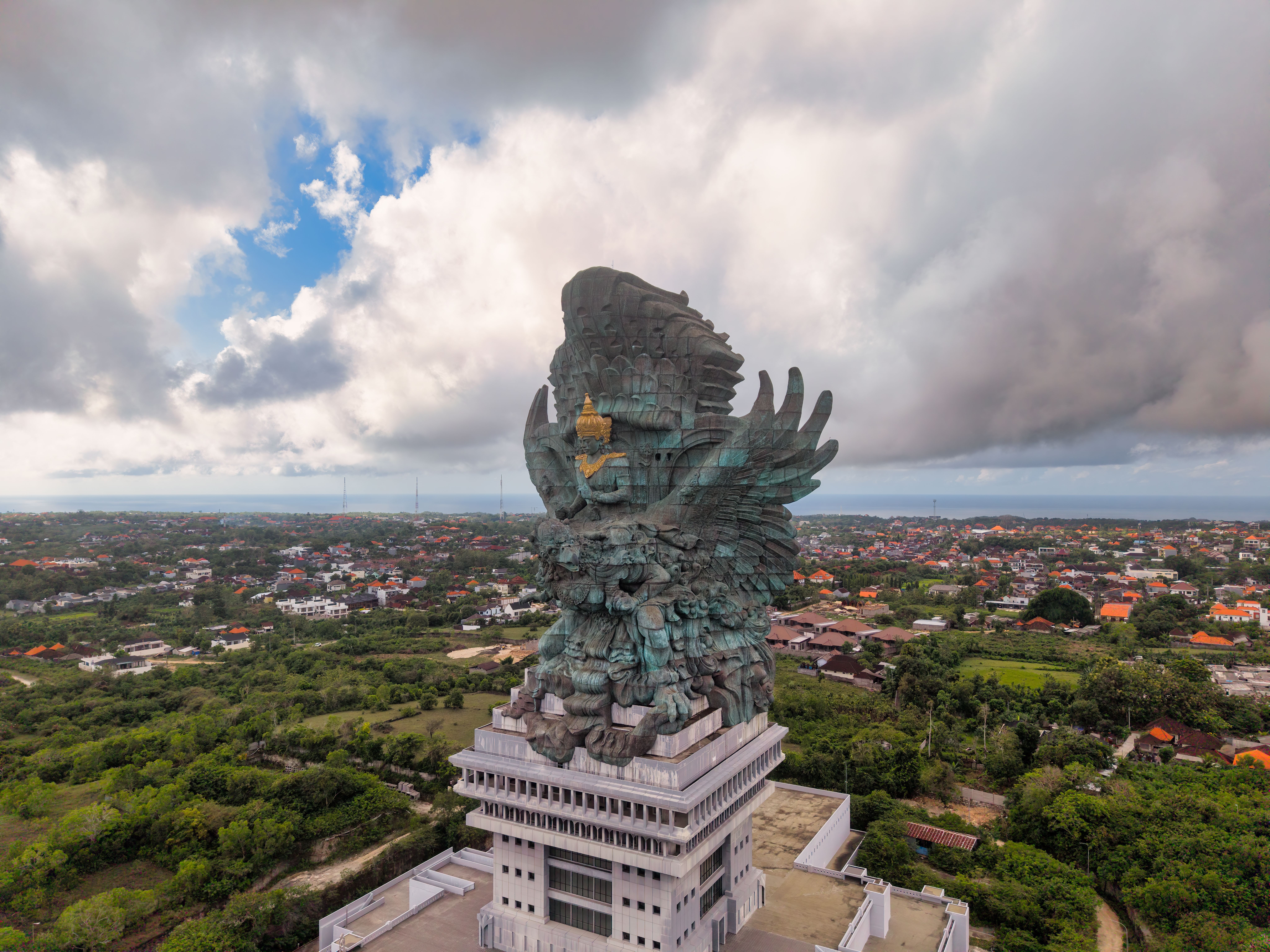 Stunning aerial photograph of the majestic Garuda Wisnu Kencana statue located in Bali, Indonesia.