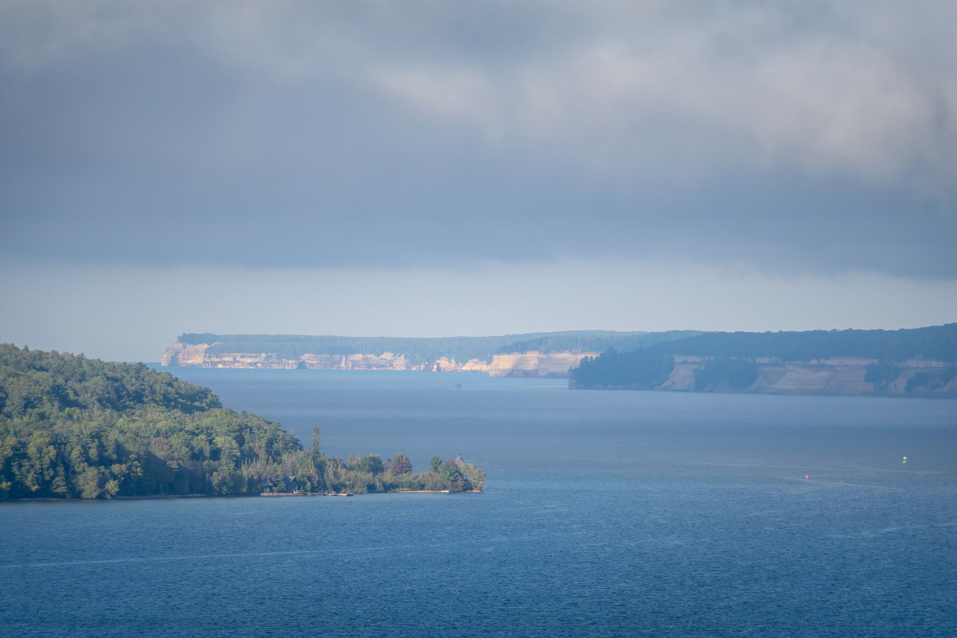 Beautiful view of Lake Superior's rugged cliffs and calm waters in Michigan's Upper Peninsula.