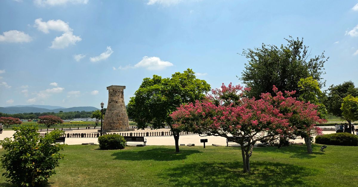 View of Cheomseongdae Observatory surrounded by vibrant trees under a clear blue sky in Gyeongju, South Korea.