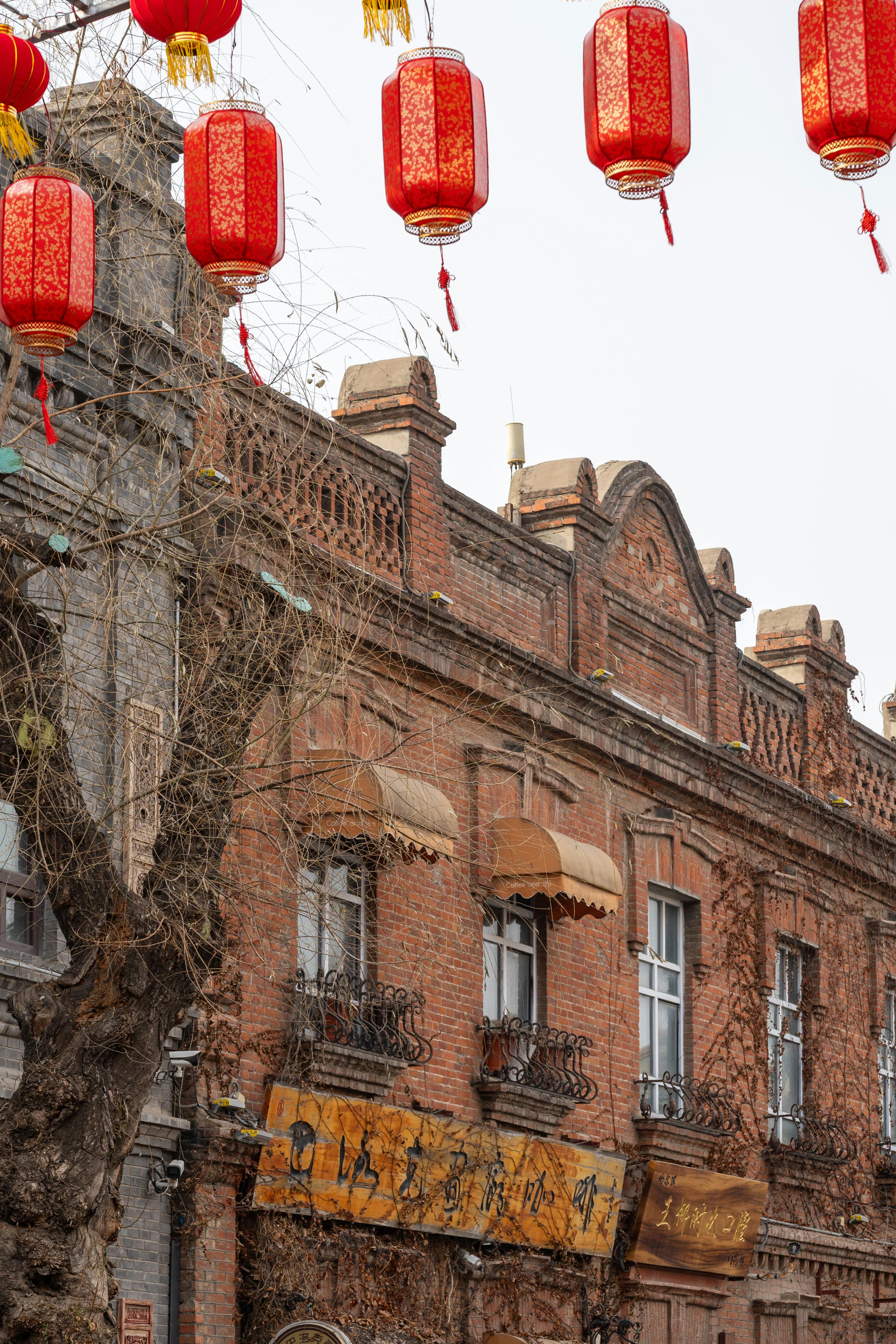 Historic Building with Red Lanterns in Harbin