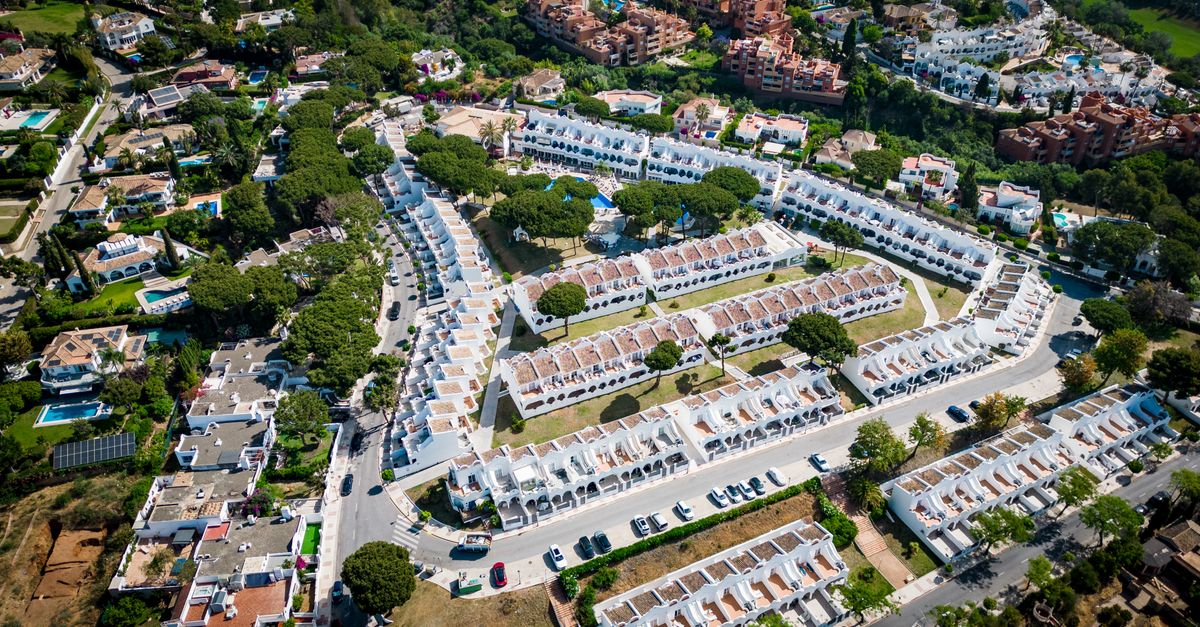 Stunning aerial view of residential architecture in Marbella, Spain, showcasing unique Andalusian style
