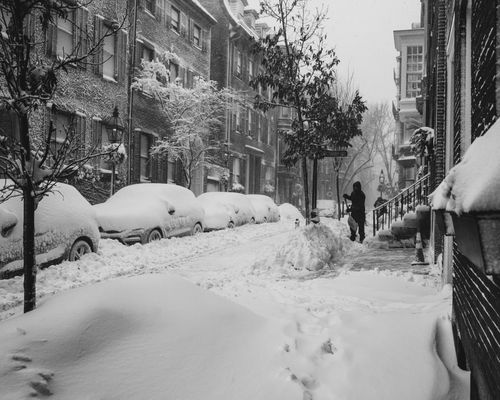 Free Black and white photo of a snowy street in Boston, Massachusetts, featuring snow-covered cars and buildings. Stock Photo