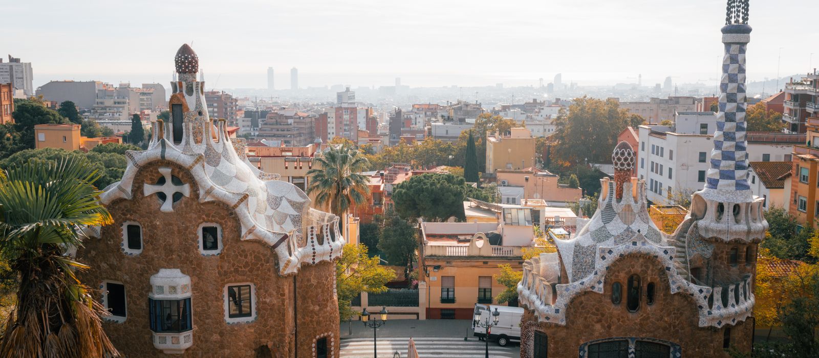 A beautiful morning view of iconic Park Güell in Barcelona, showcasing Gaudí's architectural genius.
